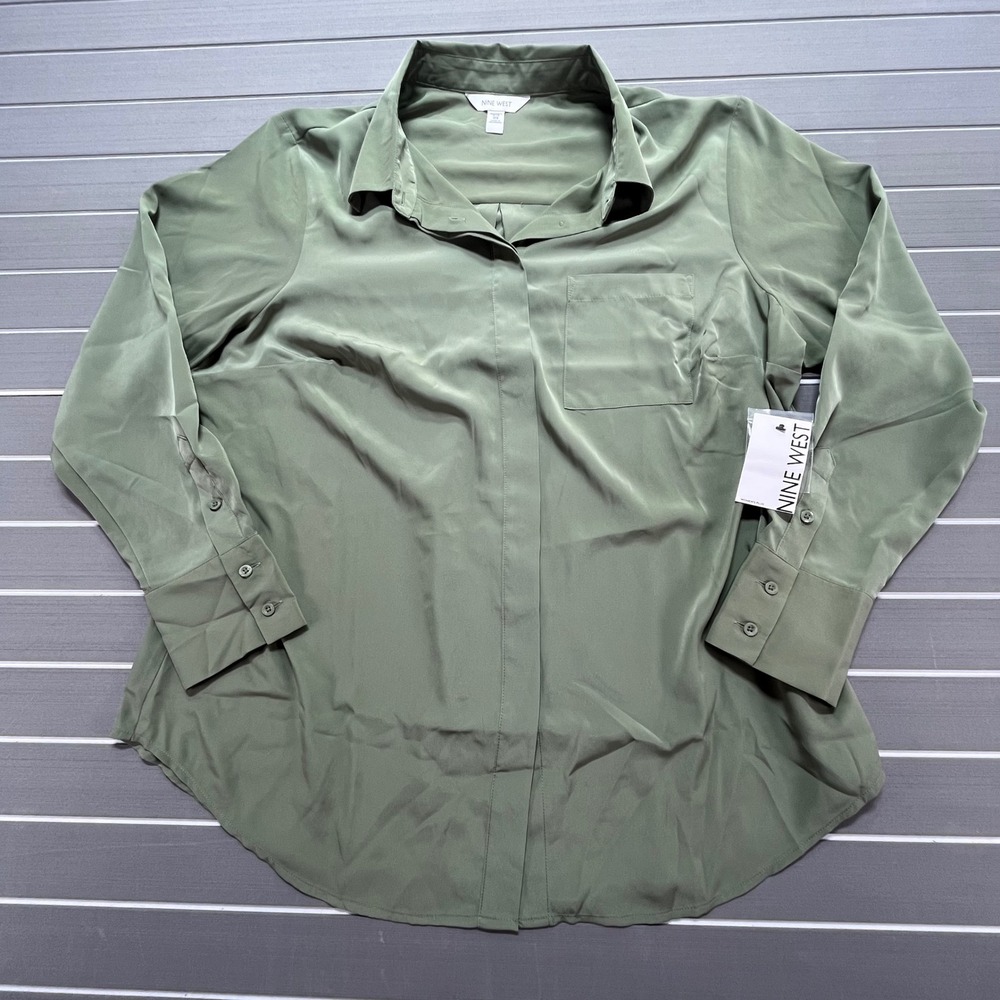 Nine West Womens Plus 0X Olive Green Button Down Shirt Long Sleeve Pocket - Picture 1 of 7